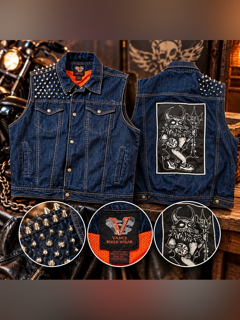 Vance Biker Wear Men’s XL Denim Vest Custom Studded & Devil Battle Appliqué